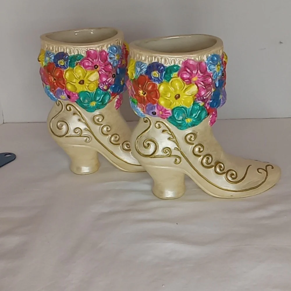 Vintage Pair Ceramic Colorful Floral Embellished Victorian Boot Shaped Vases